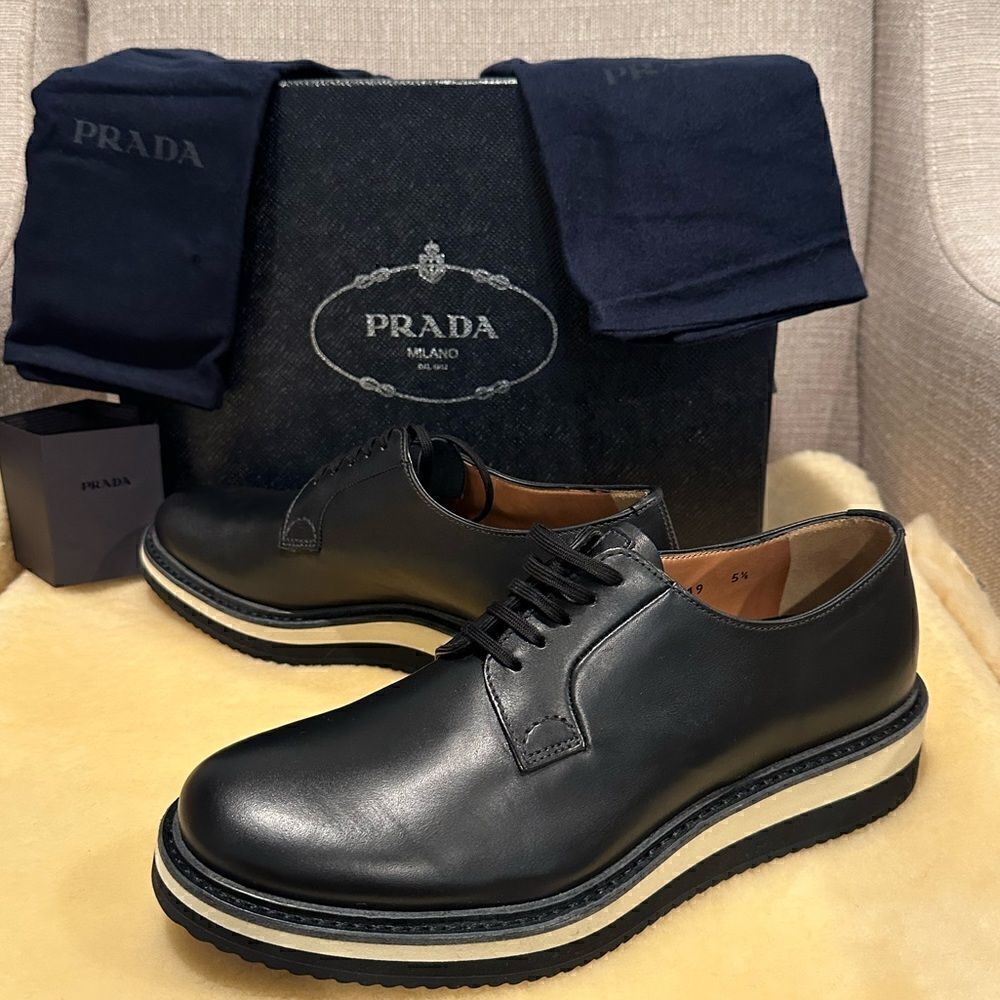 PRADA DERBY BBROGUE BUSINESS SNEAKERS leather lace-up wedge, black US 5,5 EU38,5